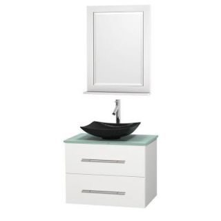Wyndham Collection Centra 30 in. Vanity in White with Glass Vanity Top in Green, Black Granite Sink and 24 in. Mirror WCVW00930SWHGGGS4M24