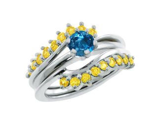 1.45 Ct Round London Blue Topaz and Yellow Sapphire 925 Sterling Silver Ring