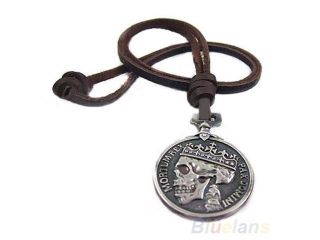 Fashion Men's Charms Vintage Silver Skull Pendant Genuine Leather Necklace