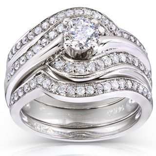 Annello 14k White Gold 7/8ct TDW Round Diamond 3 piece Bridal Rings