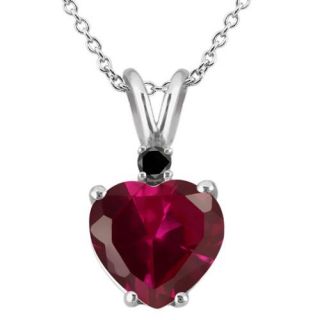 1.43 Ct Heart Shape Red Created Ruby Black Diamond 14K White Gold Pendant