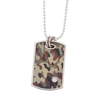 Stainless Steel .025 TDW Diamond Accent Camo Dog Tag Pendant