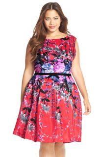 Gabby Skye Bow Belt Floral Print Shantung Fit & Flare Dress (Plus Size)