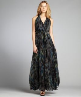 Halston Heritage Black And Blue Printed Crinkle Silk Chiffon Halter Dress (323047401)