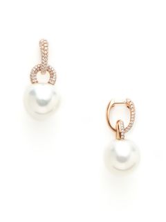 Diamond Hoop & White Pearl Drop Earrings by Tara Pearls