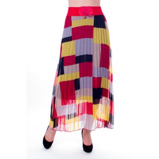 Womens Yellow and Red Geometric Print Pleated Long Skirt