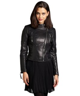 Bcbgeneration Black Leather Quilted Detail Asymmetrical Zip Cropped Moto Jacket (324200401)