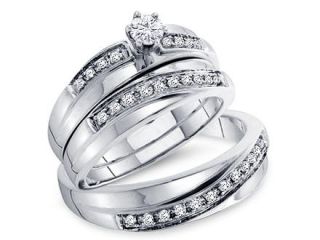 Diamond Engagement Ring & Wedding Bands 14k White Gold Men Women 1/4ct