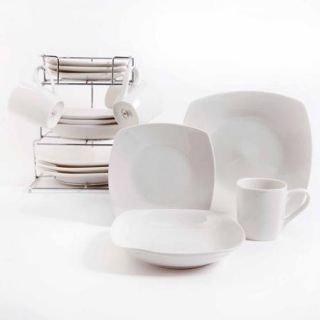 Gibson Home Bliss Cafe 16 Piece Square Dinnerware Set with Metal Rack, White