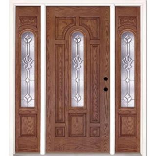 Feather River Doors 67.5 in. x 81.625 in. Medina Zinc Center Arch Lite Stained Medium Oak Fiberglass Prehung Front Door with Sidelites 332490 3B5