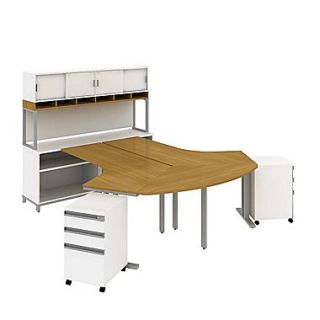 Bush Business Momentum Dog Leg Desks in 2 Person Configuration with Storage, Mobile Peds and Hutch, Modern Cherry