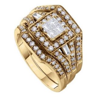 14K Yellow Gold 1.0ctw Shiny Invisible Set Diamond Princess Bridal Set Ring