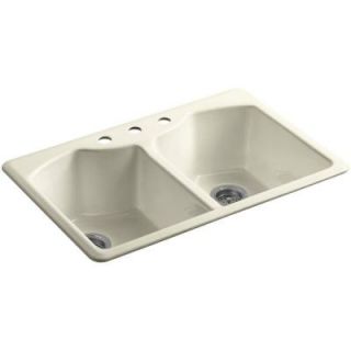 KOHLER Bellegrove Top Mount Cast Iron 33 in. 3 Hole Double Bowl Kitchen Sink with Accessories in Cane Sugar K 6482 3A4 FD