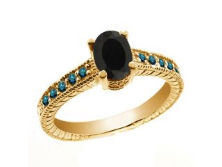 1.01 Ct Oval Black Onyx Blue Diamond 14K Yellow Gold Ring