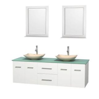 Wyndham Collection Centra 72 in. Double Vanity in White with Glass Vanity Top in Green, Ivory Marble Sinks and 24 in. Mirrors WCVW00972DWHGGGS5M24