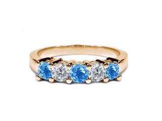 0.94 Ct Round Swiss Blue Topaz I/J Diamond 14K Yellow Gold Wedding Band Ring