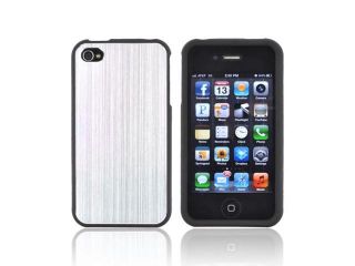 AT&t/ Vzw Apple Iphone 4, Iphone 4s Rubberized Hard Plastic Case Snap On Cover W/ Aluminum Back   Silver/ Black