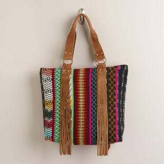 Multicolor Woven Tote Bag with Suede Fringe