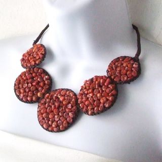 Cotton Rope Red Coral Mosaic Bubble Bib Necklace (Thailand)   13692465