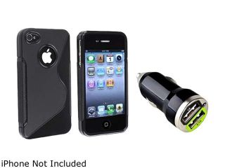 Insten Black S Shape TPU Rubber Skin Case+Black Universal Dual USB Mini Car Charger Adapter Compatible With Apple iPhone 4 4S