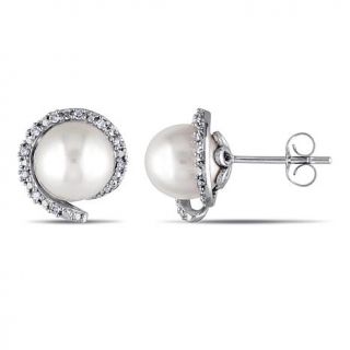 10K White Gold Freshwater Pearl and Diamond Post Earrings   7805000