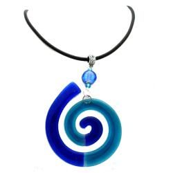 Cotton Cord and Blue Fused Glass Big Swirl Necklace (Chile