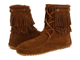 Minnetonka Double Fringe Front Lace Boot Dusty Brown Suede