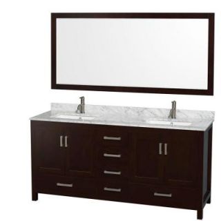 Wyndham Collection Sheffield 72 in. Double Vanity in Espresso with Marble Vanity Top in Carrara White and 70 in. Mirror WCS141472DESCMUNSM70