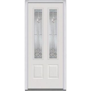 Milliken Millwork 36 in. x 80 in. Bristol Decorative Glass 2 Lite 2 Panel Primed White Fiberglass Smooth Prehung Front Door Z001220R