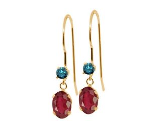 1.43 Ct Oval African Red Ruby Blue Diamond 14K Yellow Gold Earrings