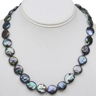 14 15mm Black Genuine Cultured Freshwater Pearl Sterling Silver Necklace 18"