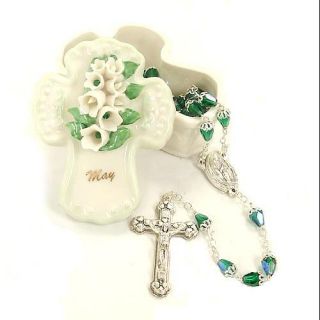 3" May Birthstone Porcelain Rosary Cross Keepsake Box