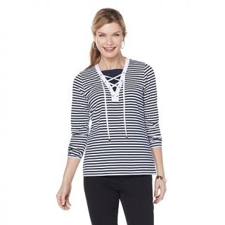 DG2 by Diane Gilman Lace Up Striped Top with Solid Insert   7934528