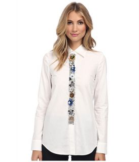 vera wang cotton poplin oxford shirt with muticolor sequin flower placket white