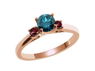 0.73 Ct Round Blue Diamond Red Rhodolite Garnet 14K Rose Gold Ring