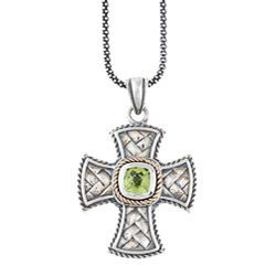 14k Yellow Gold and Sterling Silver Peridot Cross Necklace  