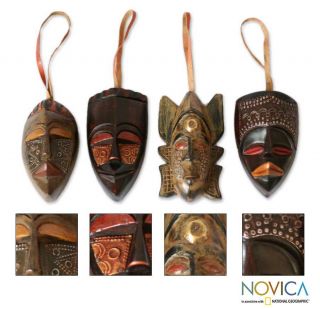 Set of 4 Sese Wood Festive Masks Ornaments (Ghana)   13963620