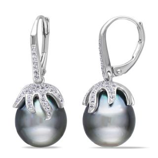 Miadora Sterling Silver Tahitian Pearl and White Topaz Earrings (12 12