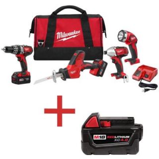 Milwaukee M18 18 Volt Lithium Ion Cordless Hammer Drill/Hackzall/Impact/Light Combo Kit with Free M18 4.0Ah XC Battery 2695 24 48 11 1840