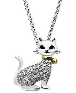 Diamond Necklace, 14k Gold and Sterling Silver Cat Pendant (1/8 ct. t
