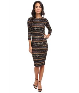 Nicole Miller Quarter Length Sleeve Gilded Stripe Stretch Jersey Dress Black Multi