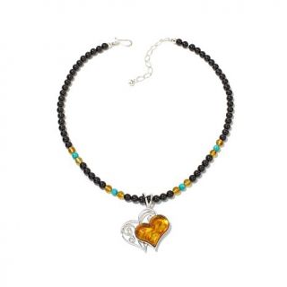 Jay King Amber Heart Sterling Silver Pendant with Black Agate and Santa Rita Tu   8044328