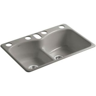 KOHLER Langlade Smart Divide Undermount Cast Iron 33 in. 6 Hole Double Bowl Kitchen Sink in Cashmere K 6626 6U K4