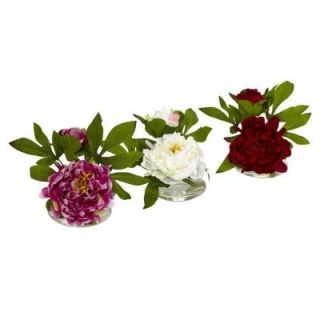 Nearly Natural 6 in. H Assorted Peony with Glass Vase (Set of 3) 4789