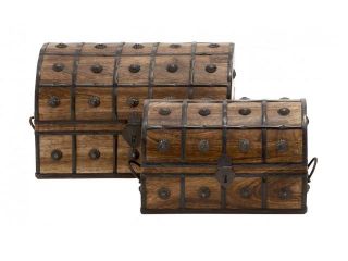 BENZARA 14472 Treasure Trove Wood Metal Box Set Of 2