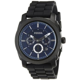 Fossil Mens FS4605 Black Silicone Analog Quartz Watch with Blue Dial