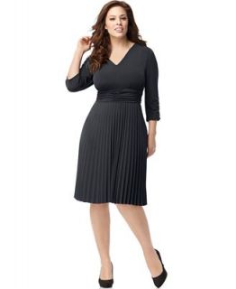 NY Collection Plus Size Dress, Three Quarter Sleeve Ruched Pleated
