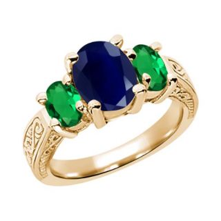 3.30 Ct Oval Blue Sapphire Green Nano Emerald 18K Yellow Gold 3 Stone Ring
