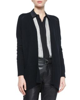 Vince Cashmere Pointelle Trim Cardigan, Wavy Stripe Printed Blouse & Leather Belted Jogger Pants