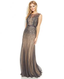 Adrianna Papell Petite Sleeveless Beaded Illusion Gown   Dresses